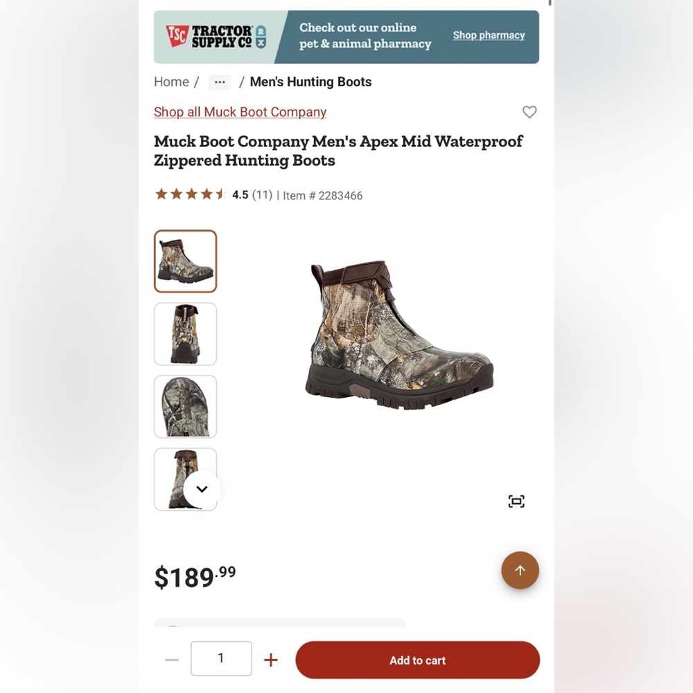 NWB Muck Boot Company Men's Apex Mid Waterproof Zippered Hunting Boots Size 9